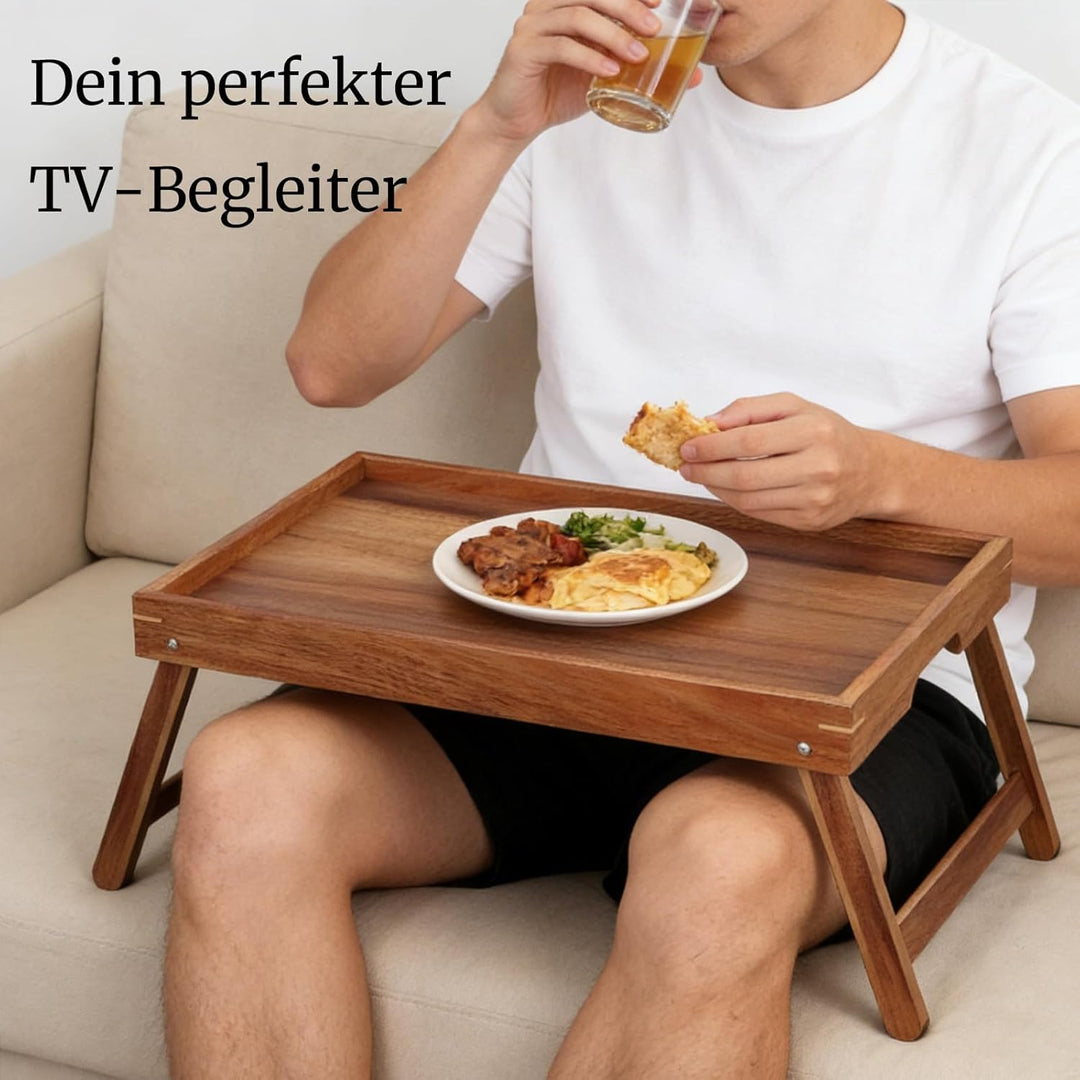 Fibogollo Betttisch aus Akazienholz mit klappbaren Beinen, Frühstückstabletts mit integrierten Griff