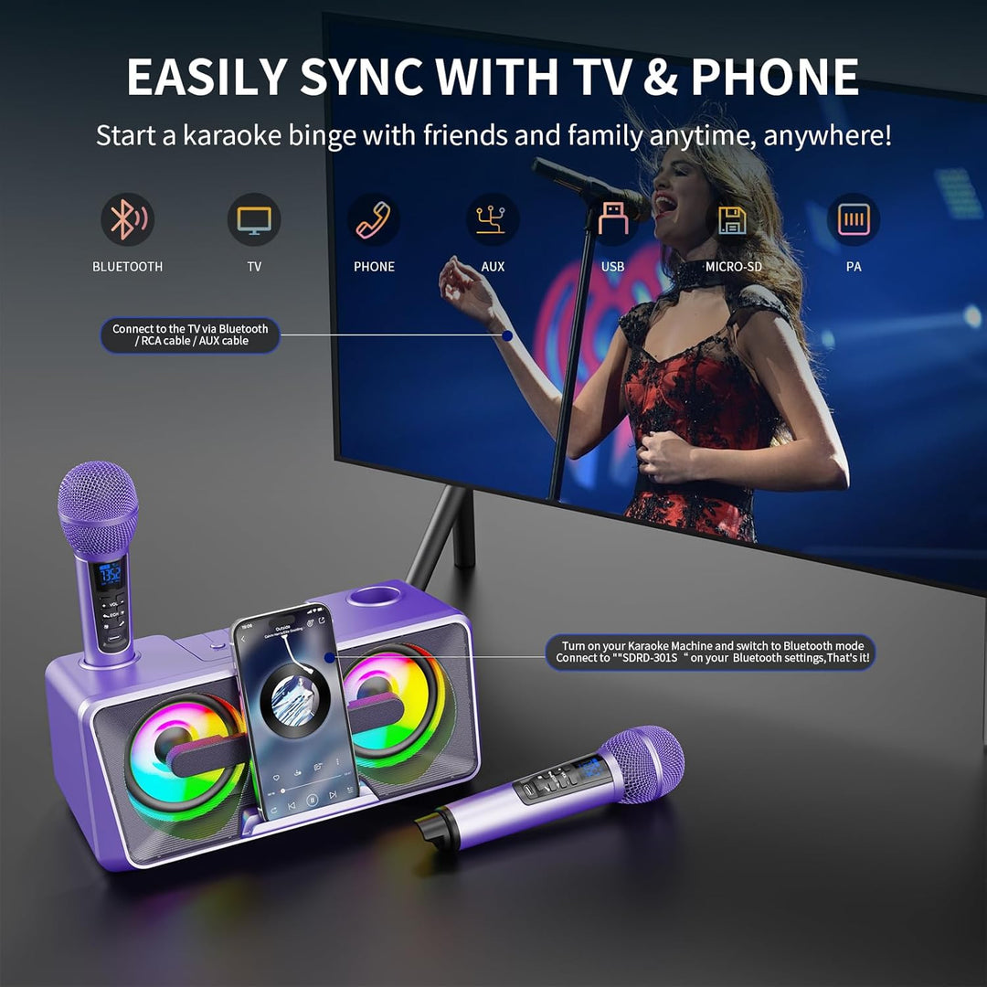 Karaoke Machine for Adults and Kids with 2 UHF Wireless Microphones, Portable Bluetooth Singing Spea