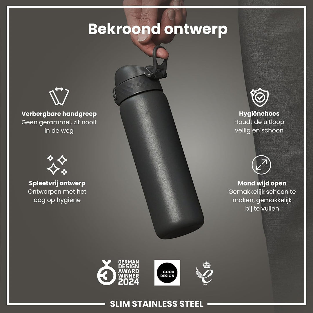 Ion8 Stahl-Trinkflasche, 600 ml, Auslaufsicher, Einhandöffnung, Sichere Verriegelung, Spülmaschinenf
