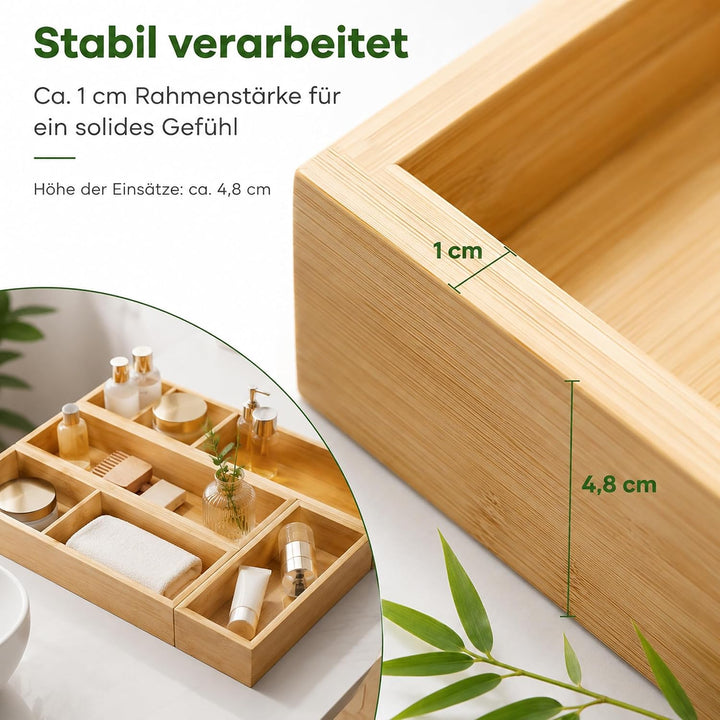 Schubladen Organizer aus Naturbambus 5er Set | Stapelbar, Aufbewahrungsbox Holz, Schreibtisch Organi