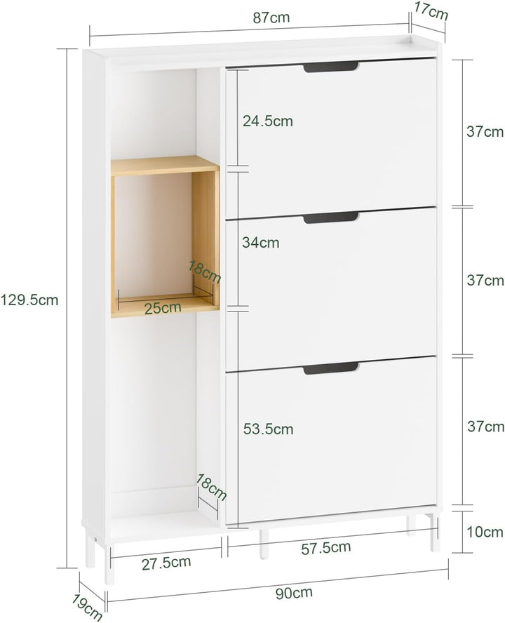 SoBuy Schuhschrank Schmal Weiss Bambus – Kompakter Schuhkipper mit 3 Klappen, Offenem Holzrahmen, Pl