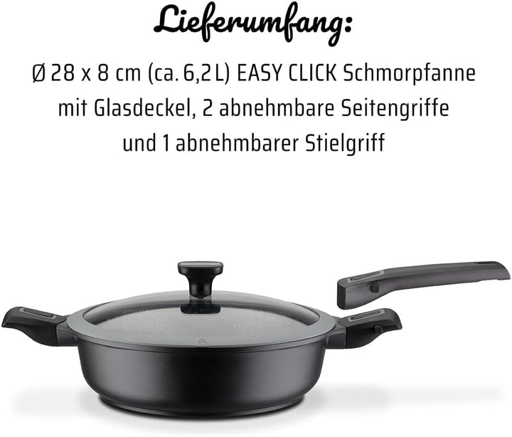GSW 167833 Schmorpfanne Easy Click 28cm mit Glasdeckel 5-tlg. und abnehmbaren Griffen, Aluminium, Ku