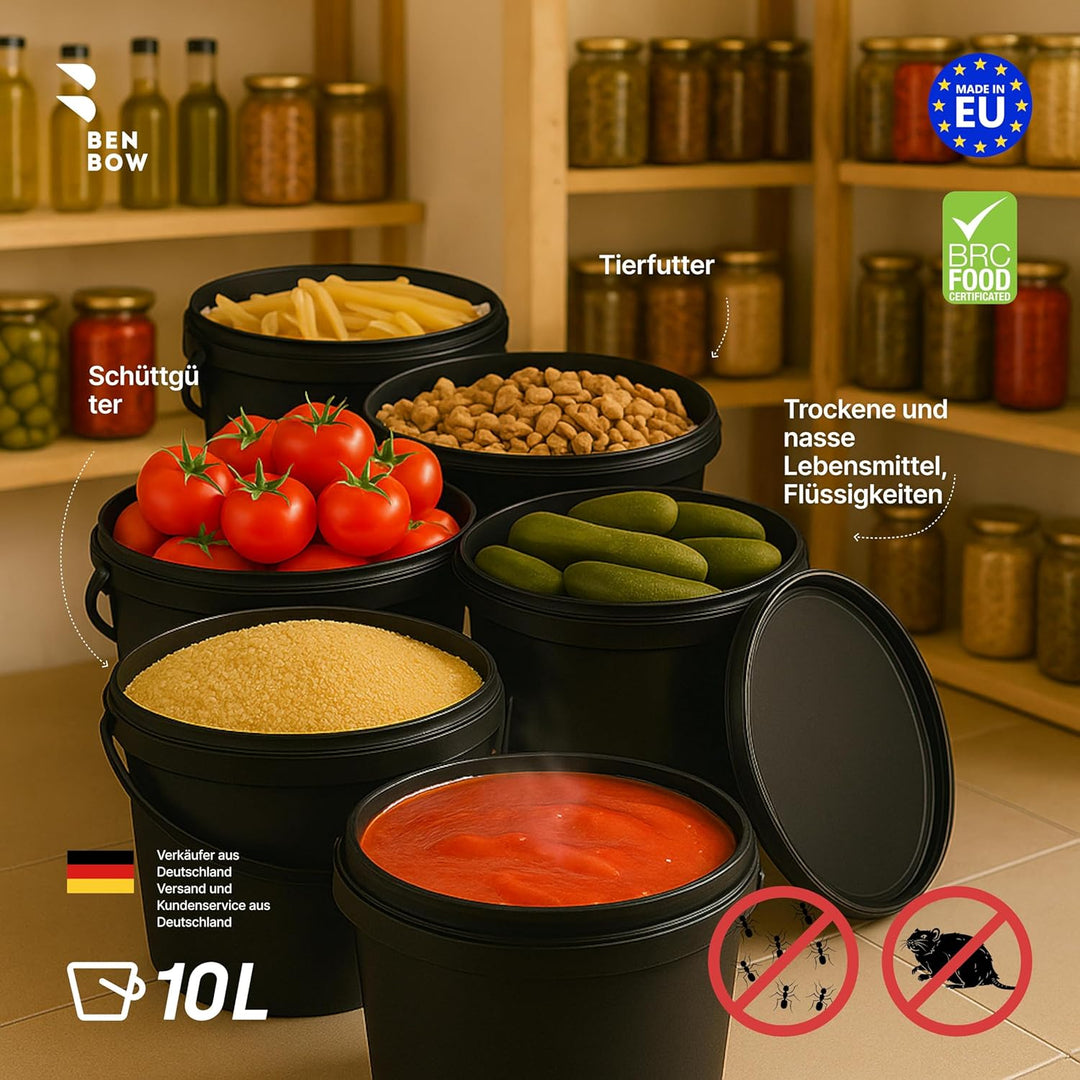 BenBow Eimer mit Deckel 10l Schwarz 10x 10 Liter - lebensmittelecht, stabil, luftdicht, auslaufsiche