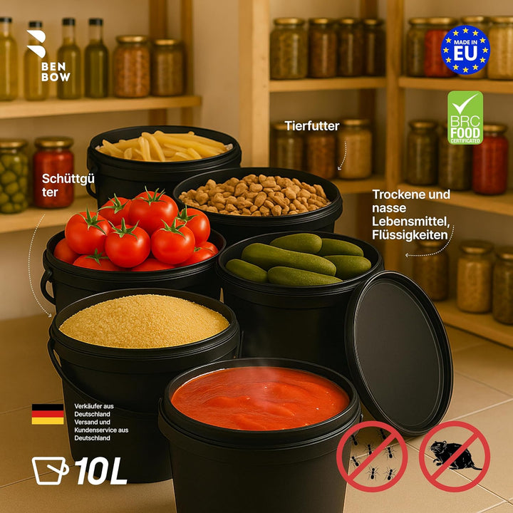 BenBow Eimer mit Deckel 10l Schwarz 3X 10 Liter - lebensmittelecht, stabil, luftdicht, auslaufsicher