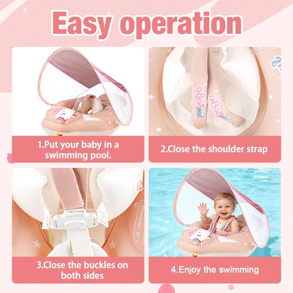 Baby Schwimmring mit Sonnendach Entfernbar, Baby Float, Rosa Baby Schwimmhilfe mit Schwimmsitz, Aufb