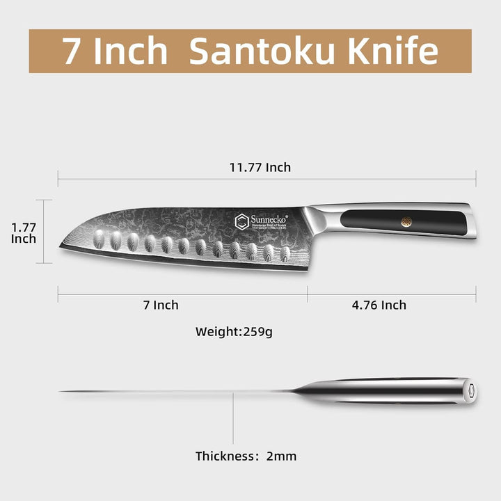 Sunnecko 18cm Damastmesser Kochmesser Küchenmesser - Santoku Messer Damast Scharfes Messer mit Ergon