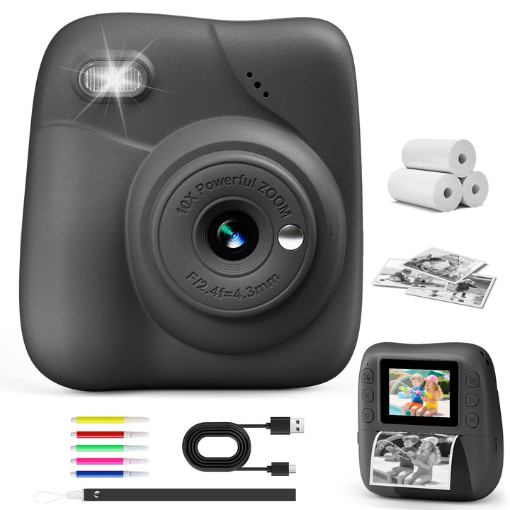CAMCLID Kinderkamera Sofortbildkamera, 1080P Sofortbildkamera Kinder mit 32GB Karte & 3 Rollen Druck