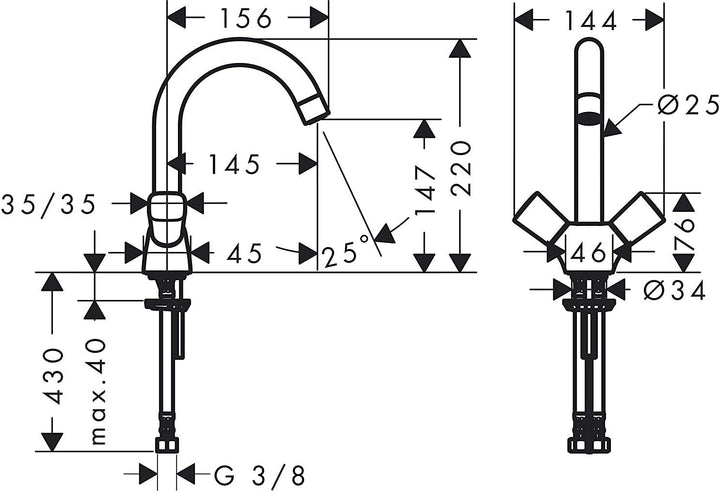 hansgrohe Wasserhahn Logis 2-Griff Waschtischarmatur, Auslauf-Höhe 220mm, ohne Ablaufgarnitur, mit a