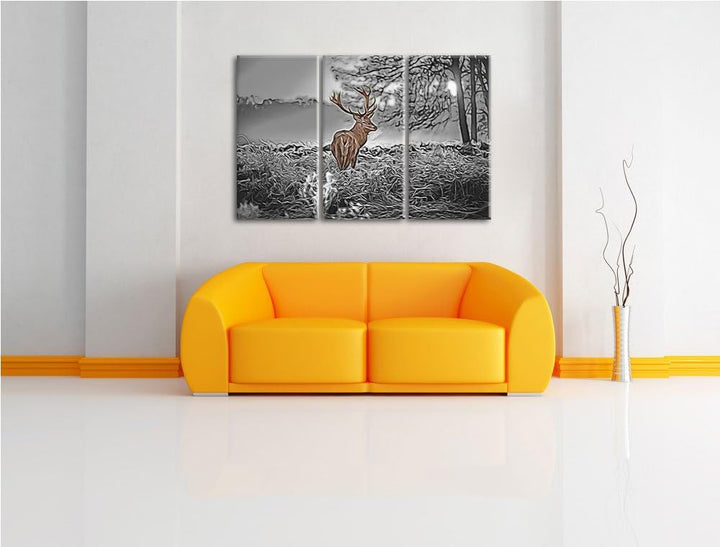 stolzer Hirsch im Wald3-Teiler Leinwandbild 120x80 Bild auf Leinwand, XXL riesige Bilder fertig gera