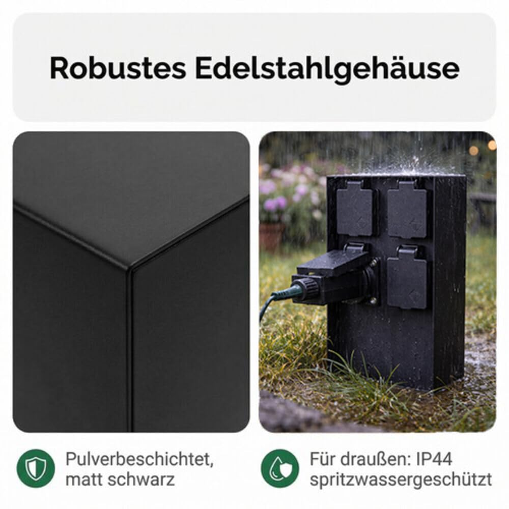 LED Universum Gartensteckdose aus Edelstahl, IP44 für aussen (Schwarz 4-fach), Schwarz 4-fach