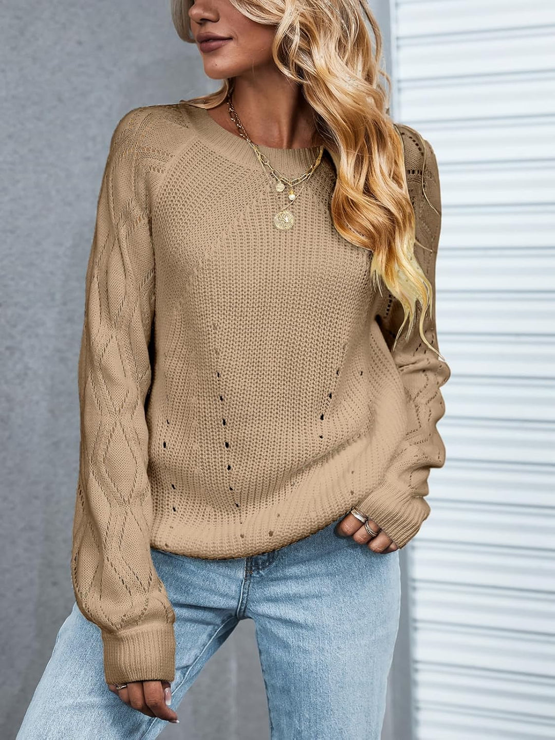 CUPSHE Damen Strickpullover Rundhals Langarm Wellenmuster Rippenstrick Pulli Herbst Winter Oberteile