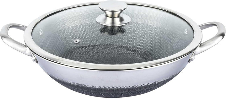 4BIG.fun Wok Bratpfanne aus Edelstahl 32 cm Antihaft Wabenstruktur Wokpfanne mit Glasdeckel Asia Sch