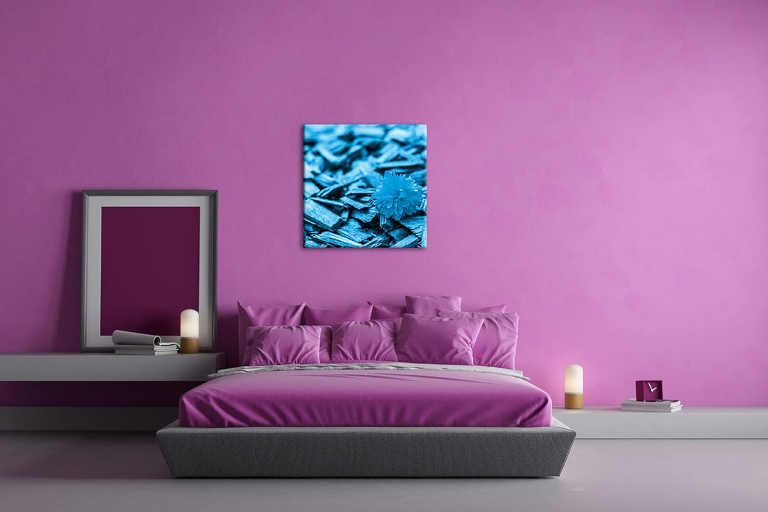 deyoli gelbe Blume auf Holz Format: 70x70 Effekt: Monocrome Blau als Leinwandbild, Motiv fertig gera