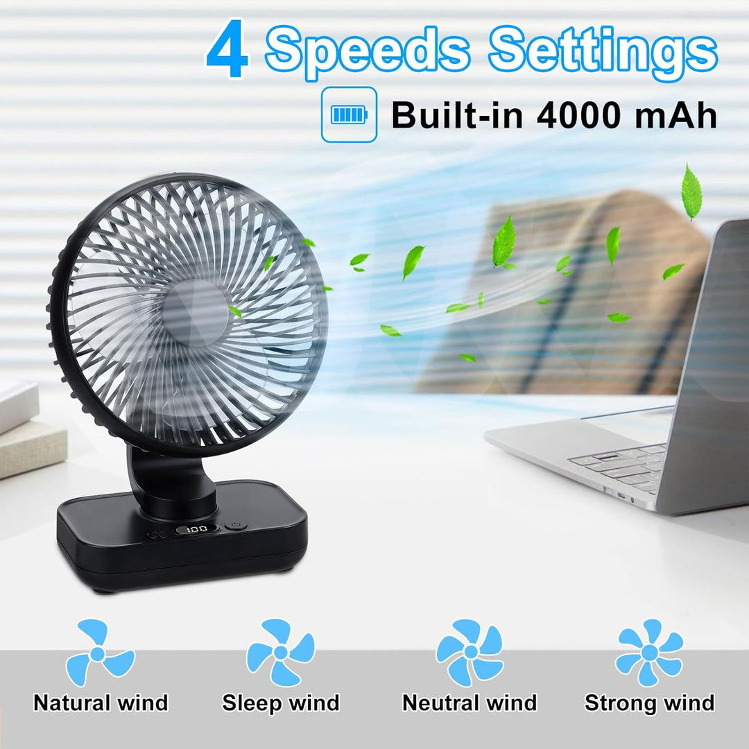 USB Tischventilator Oszillierend, Mini Ventilator Sehr Leise mit 4000mAh Batterie, Persönlicher Tisc