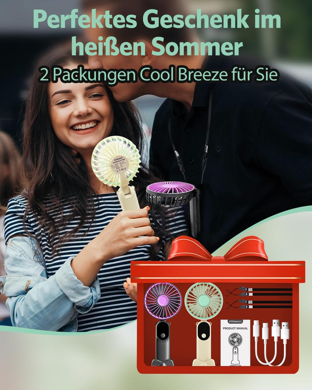 2 Stück Mini Handventilatoren Akku Aufladbar,Tragbarer USB Klein Hand Ventilator Sehr Leise,LED Anze