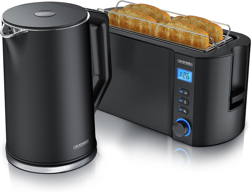 Arendo - Wasserkocher und Toaster SET Edelstahl Schwarz Wasserkocher 1,5L 40° 100°C Warmhaltefunktio