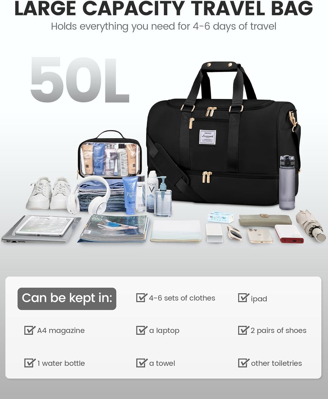 LOVEVOOK Sporttasche Reisetasche Gross, 50L Weekender Damen Reisetaschen mit Kulturtasche, Schuhfach