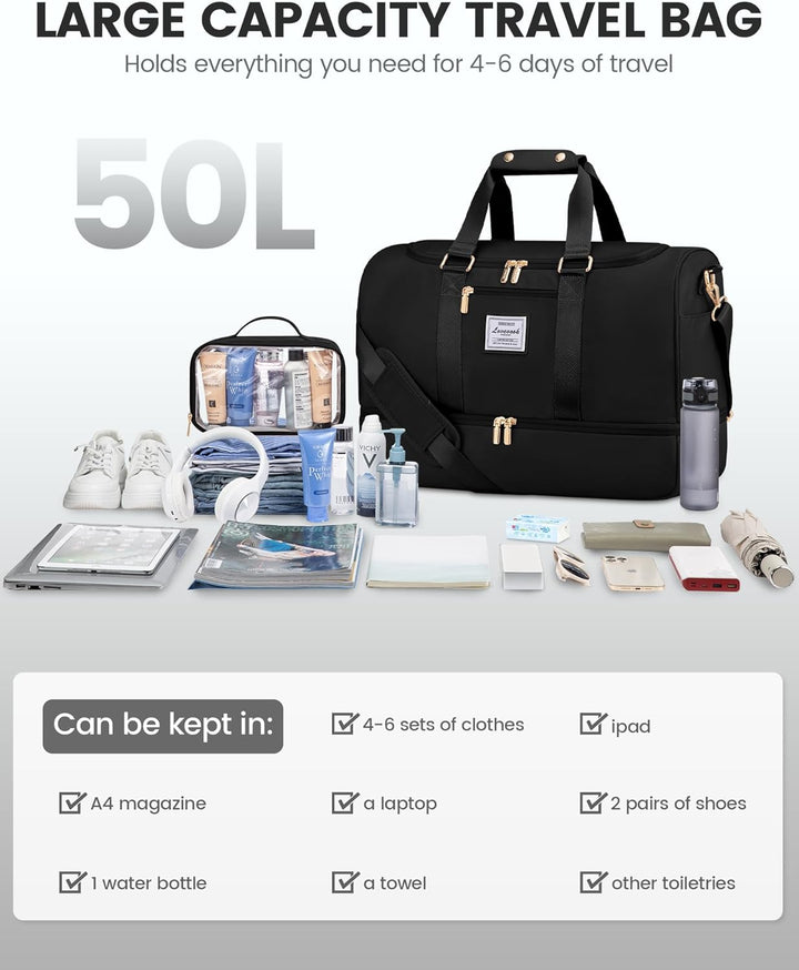 LOVEVOOK Sporttasche Reisetasche Gross, 50L Weekender Damen Reisetaschen mit Kulturtasche, Schuhfach