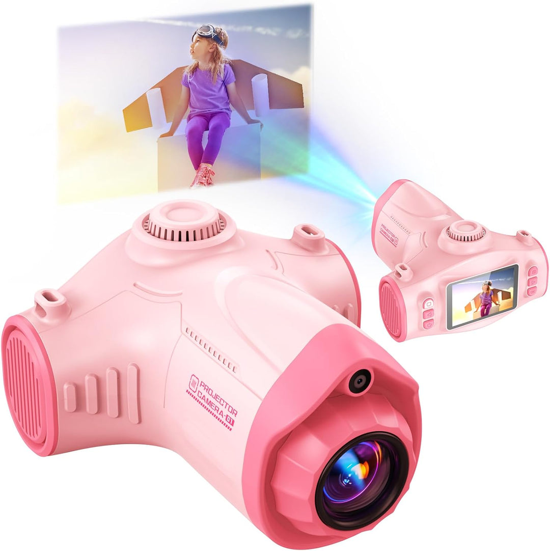 2 in 1 Kinderkamera mit Projektion, Stativ, 32GB-Karte, grosser Akku, Geschenk für 3-12 Jahre (Rosa)