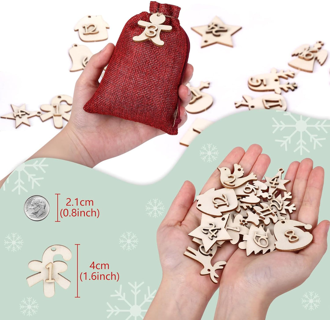 Naler 24 x Jutesäckchen Adventskalender Stoffbeutel mit Zahlen Holzanhänger Jute Beutel Säckchen für