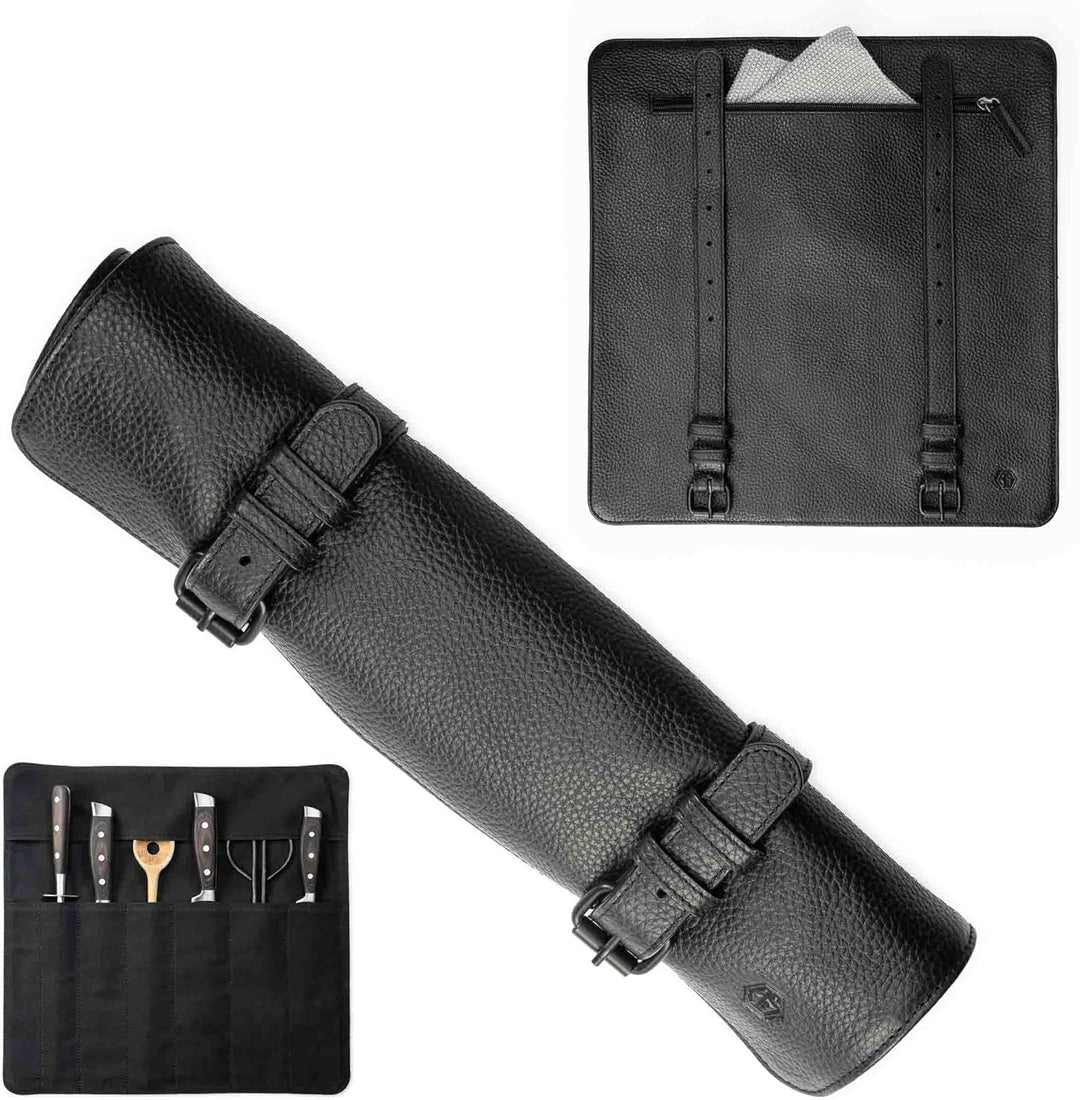Angus Stoke Messertasche schwarz aus Büffelleder für Kochmesser, 7-Fach Messerrolltasche mit Extra-F