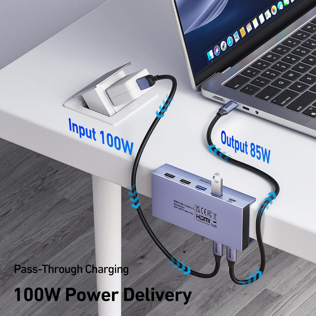 BENFEI 8-in-1 USB C Hub mit sicherer Klemmfunktion – Mit 4K@60Hz HDMI, Gigabit Ethernet, 100W PD, 10