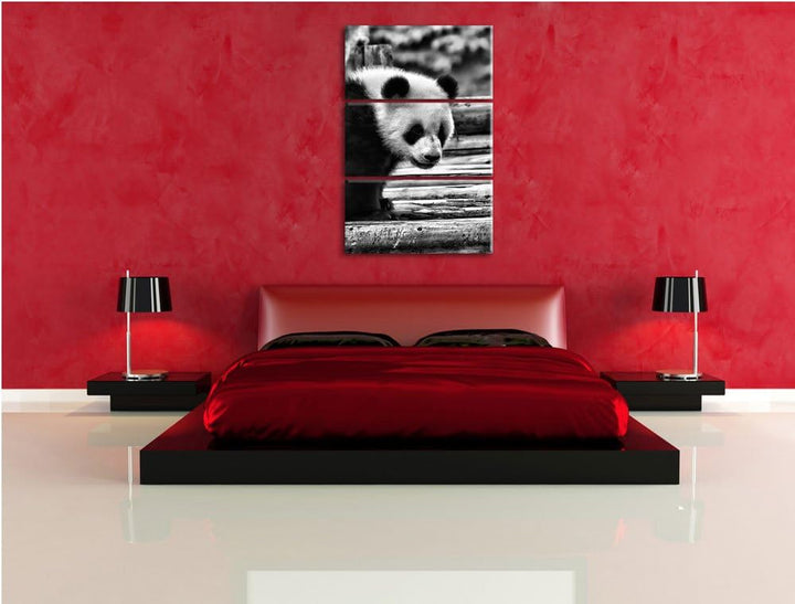 Pixxprint Panda auf Holzstämmen als Leinwandbild/Grösse: 3 Teilig (120x80) cm/Wandbild/Kunstdruck/fe