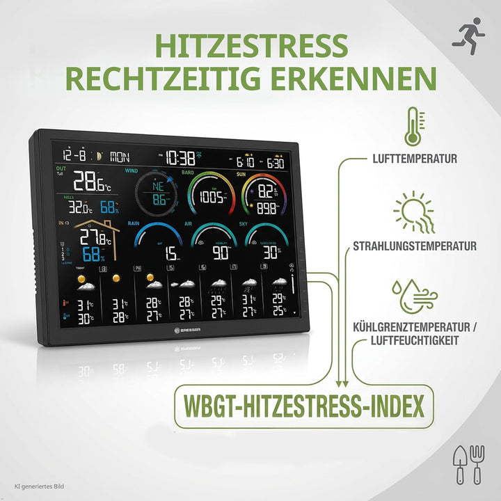 Bresser WLAN Wetterstation 18,5" mit 8-in-1 Sensor, 14-Tage Prognose, WBGT, UV-Solar, Regen- und Win