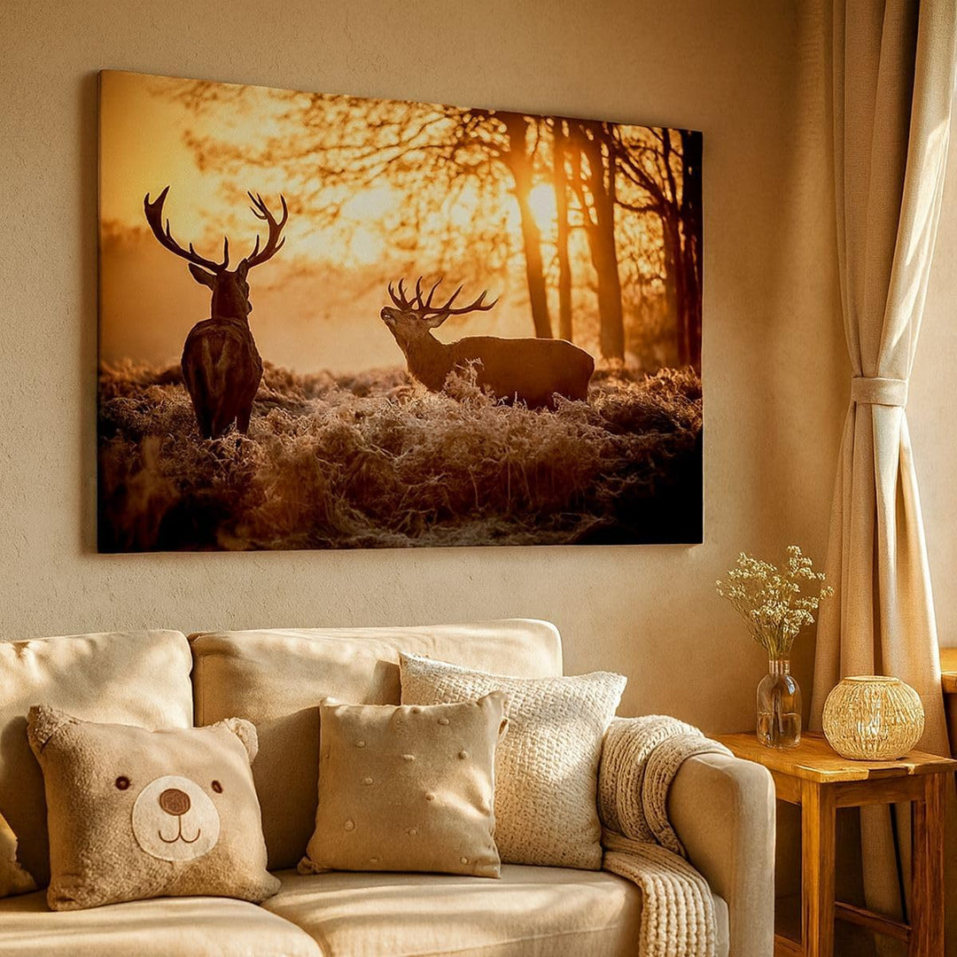 ARTTOR Bilder auf Leinwand 100x70cm Leinwandbild Deer Heidekraut Tier Gross Wanddeko Bild Schlafzimm