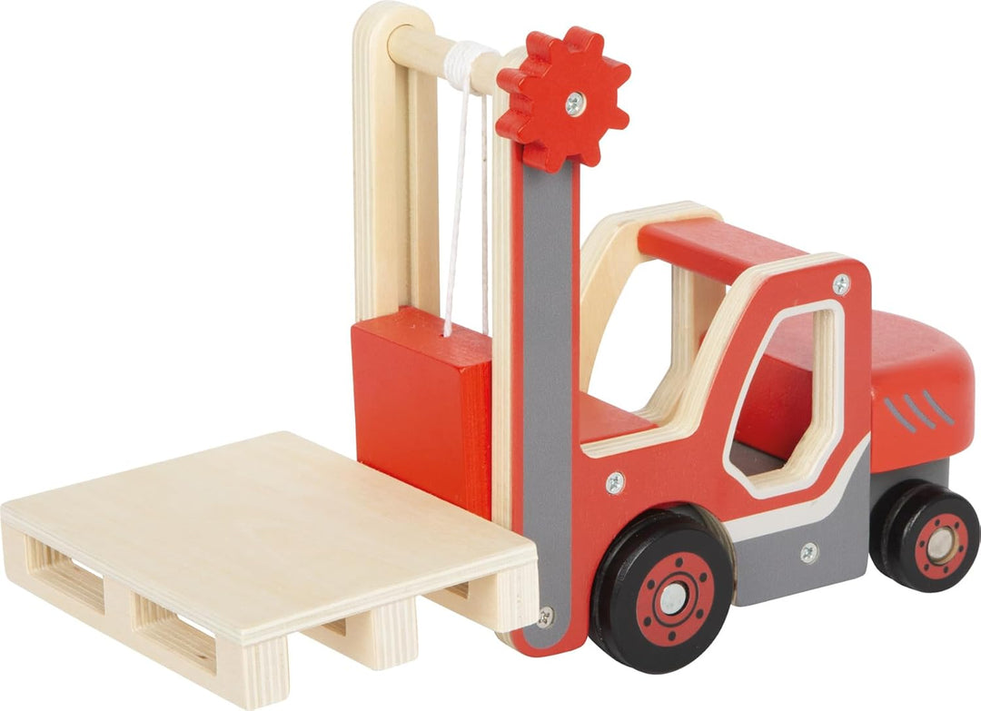 small Foot Gabelstapler mit Palette aus Holz, mit beweglicher Gabel und Seilwinde, Spielfahrzeug für
