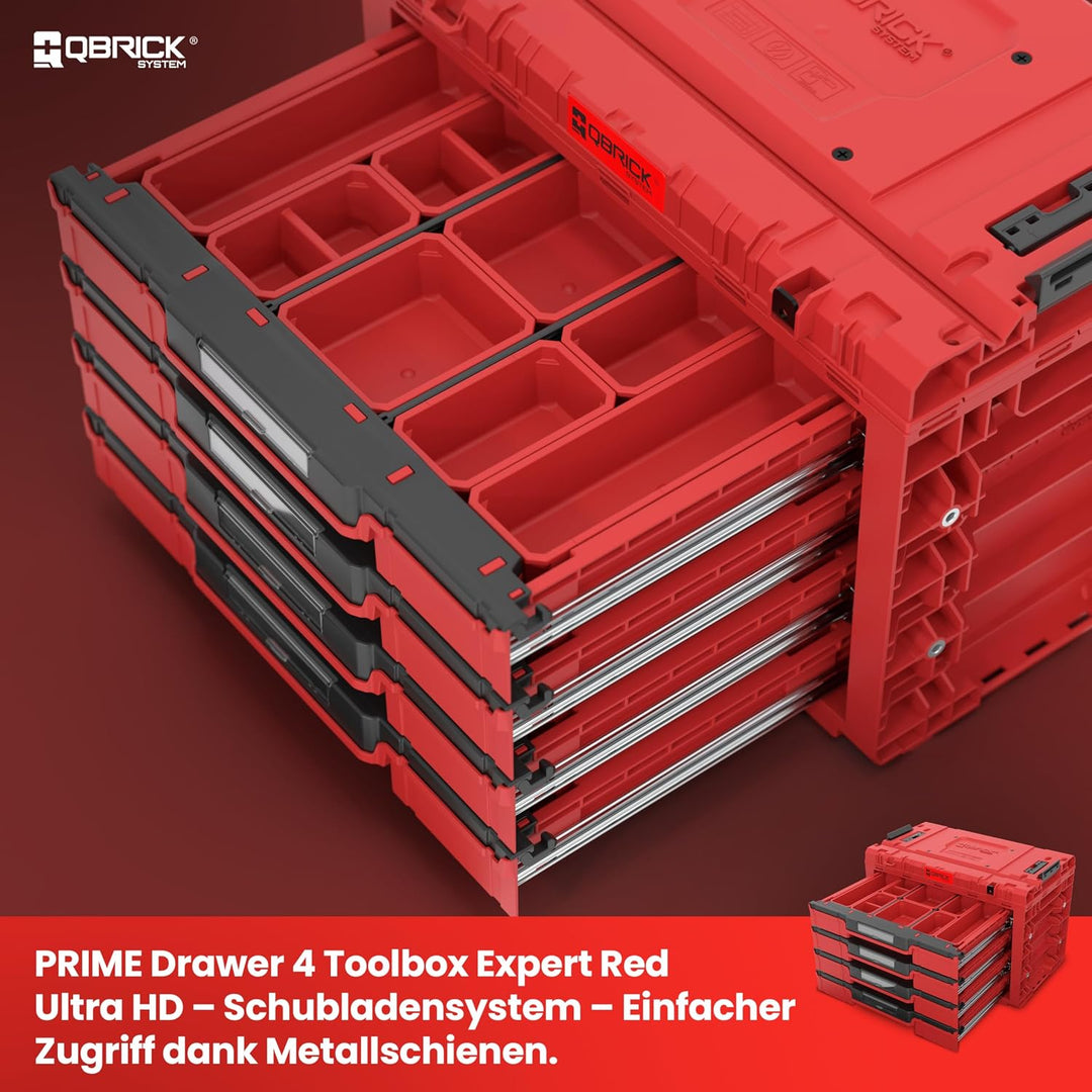 Qbrick System Werkzeugkoffer Sortierbox Leer - 4 Schubladen - Werkzeugkiste - 542 x 335 x 369 mm Rot