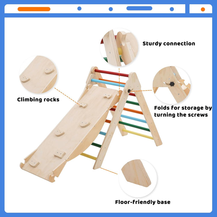 5-in-1 Montessori Kletterdreieck, Klettergerüst Indoor mit Rutsche, Kletterleiter und Zeltdach, Wipp