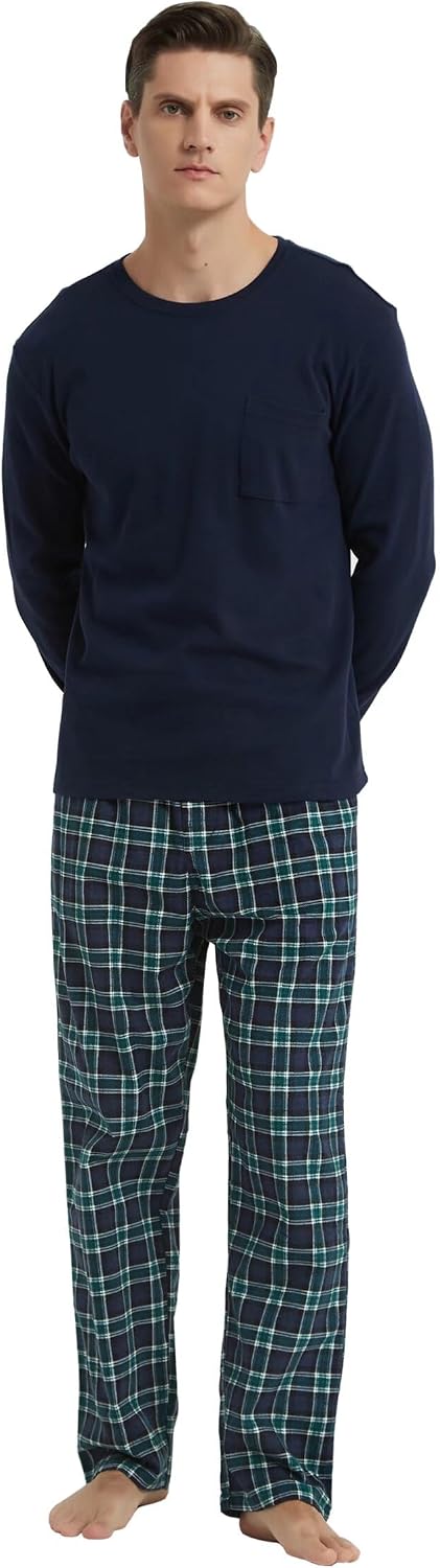 GLOBAL Herren Schlafanzüge Flanell Herren Pyjama Set Baumwolle Langarm-Pullover Oberteil und elastis