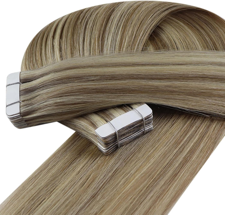 YoungSee Echthaar Extensions Tape Hellbraun 60 cm Tape in Extensions Echthaar Braun Blond Tape in Ex