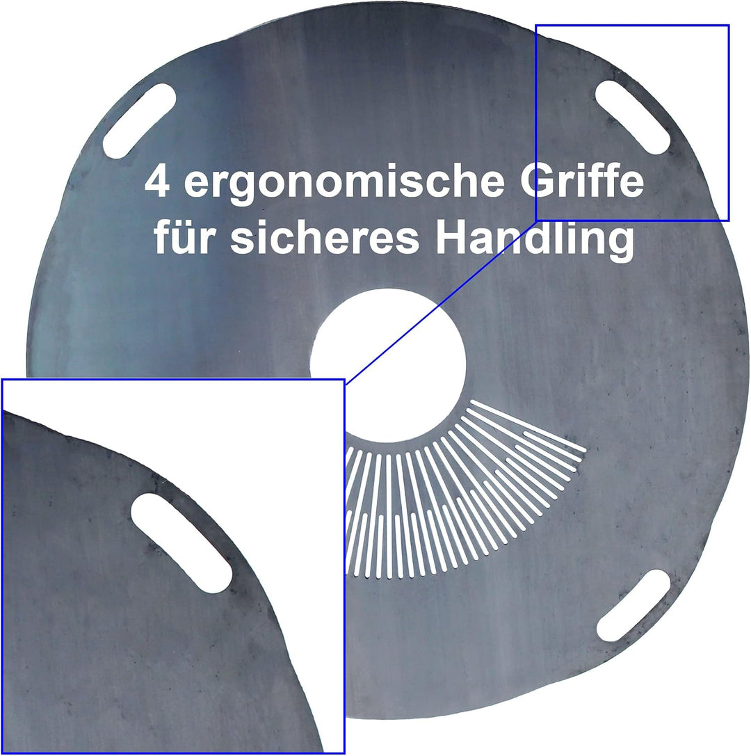 Dynamic-Wave Premium Feuerplatte 80 cm - 5mm dick - Grillring &amp; BBQ-Platte &amp; 4 Handgriffen - Ultimat