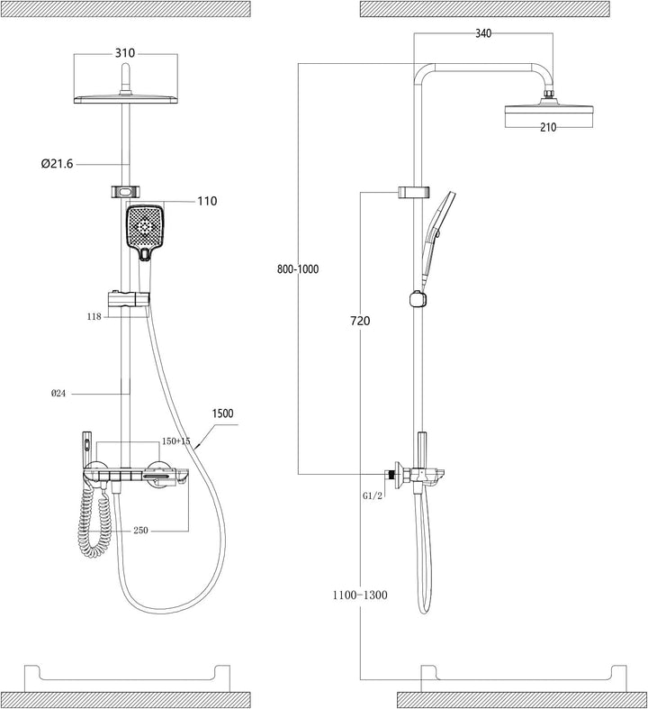 HOMELODY Duscharmatur Komplettset mit Glasablage - Regendusche mit Armatur und 30cm, Duscharmatur mi
