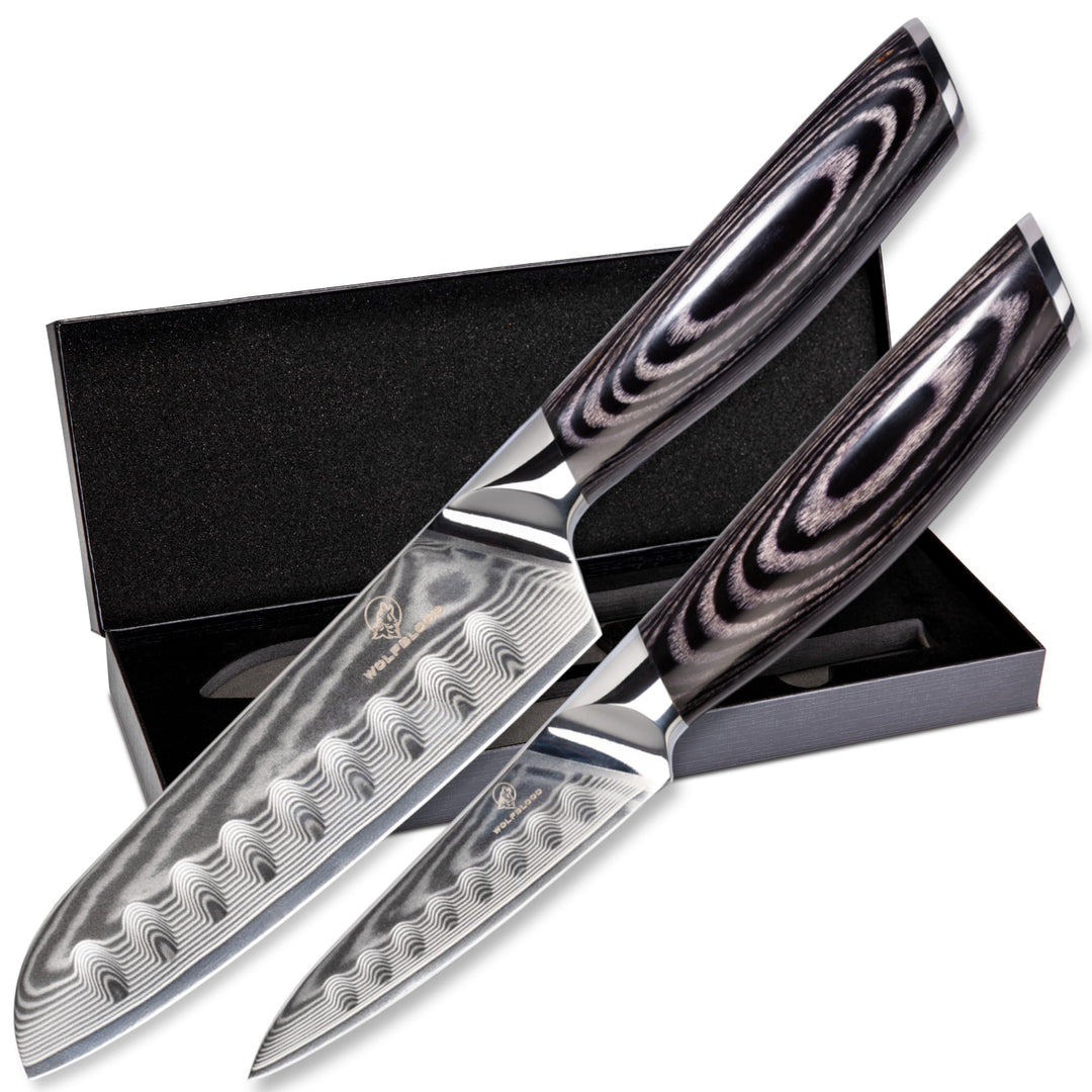 Wolfblood PRO 2er Damastmesser Set L (23cm und 19cm) TÜV geprüfter 62 HRC Damaststahl aus 67 Lagen I