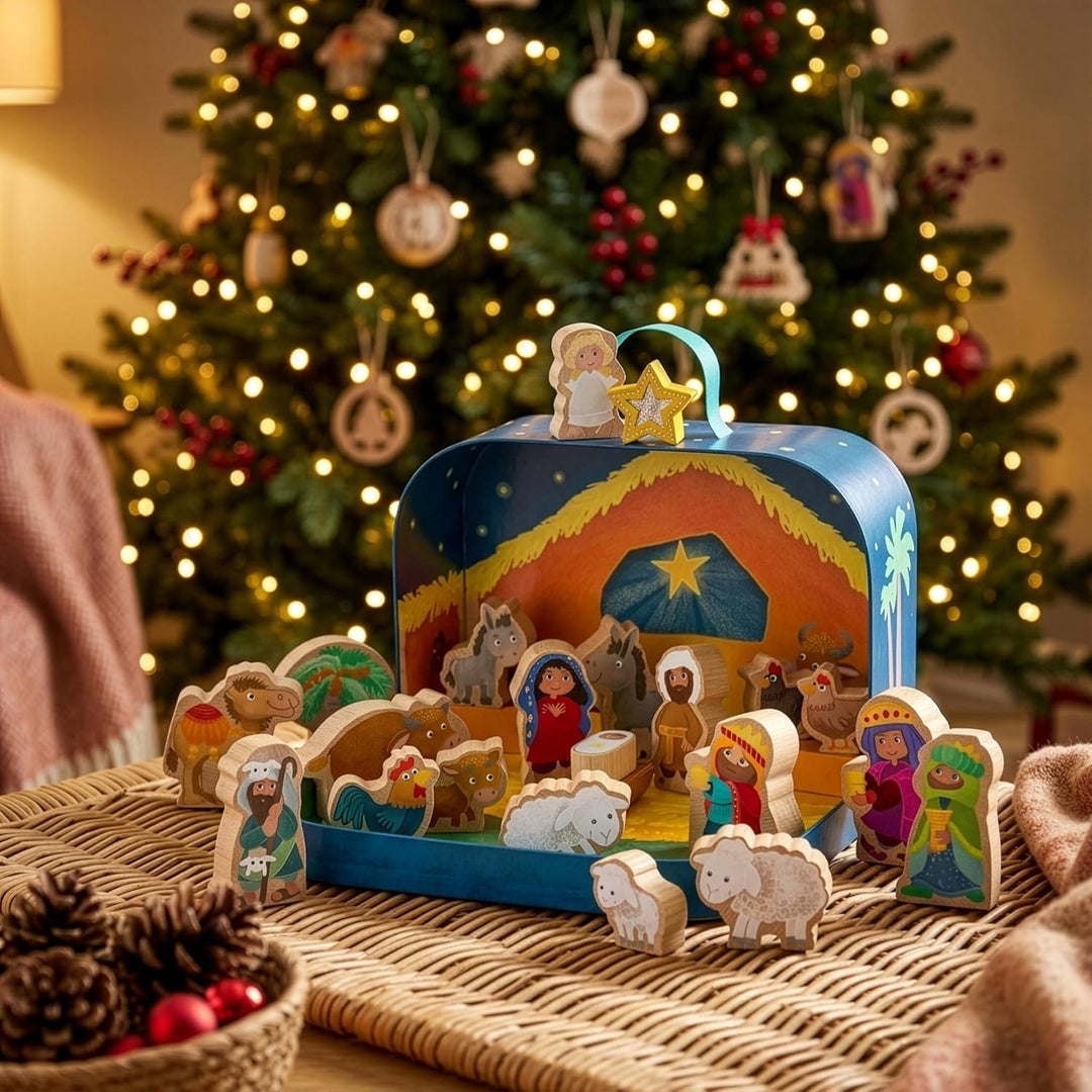 HABA Spielkoffer Weihnachtskrippe – Holzkrippe mit 24 Figuren