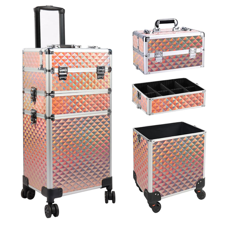 EBANKU 3-in-1 professioneller Make-up-Zugkoffer, Aluminium-Kosmetikkoffer, rollender Make-up-Koffer,
