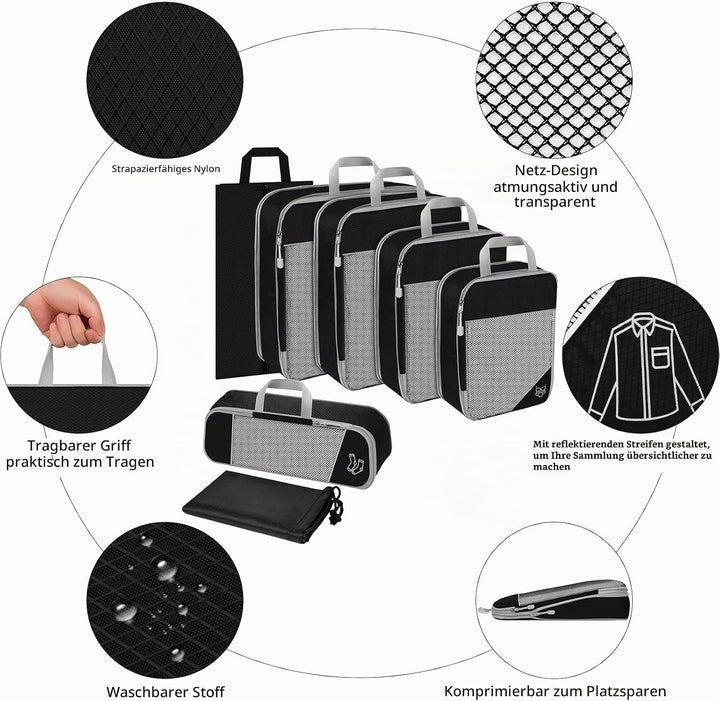 Koffer Organizer Set 7-teilig, Packtaschen mit Kompression, Compression Packing Cubes für Rucksack u