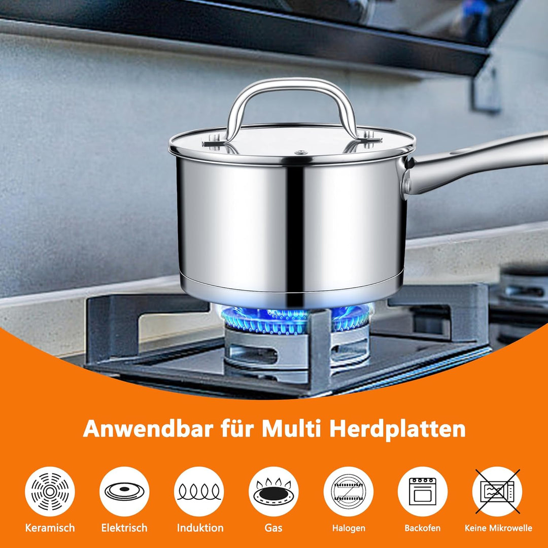 TEAMFAR Stielkasserolle, 14cm klein Edelstahl Milchtopf Topf Induktion mit Glasdeckel, 3-Lagen Boden