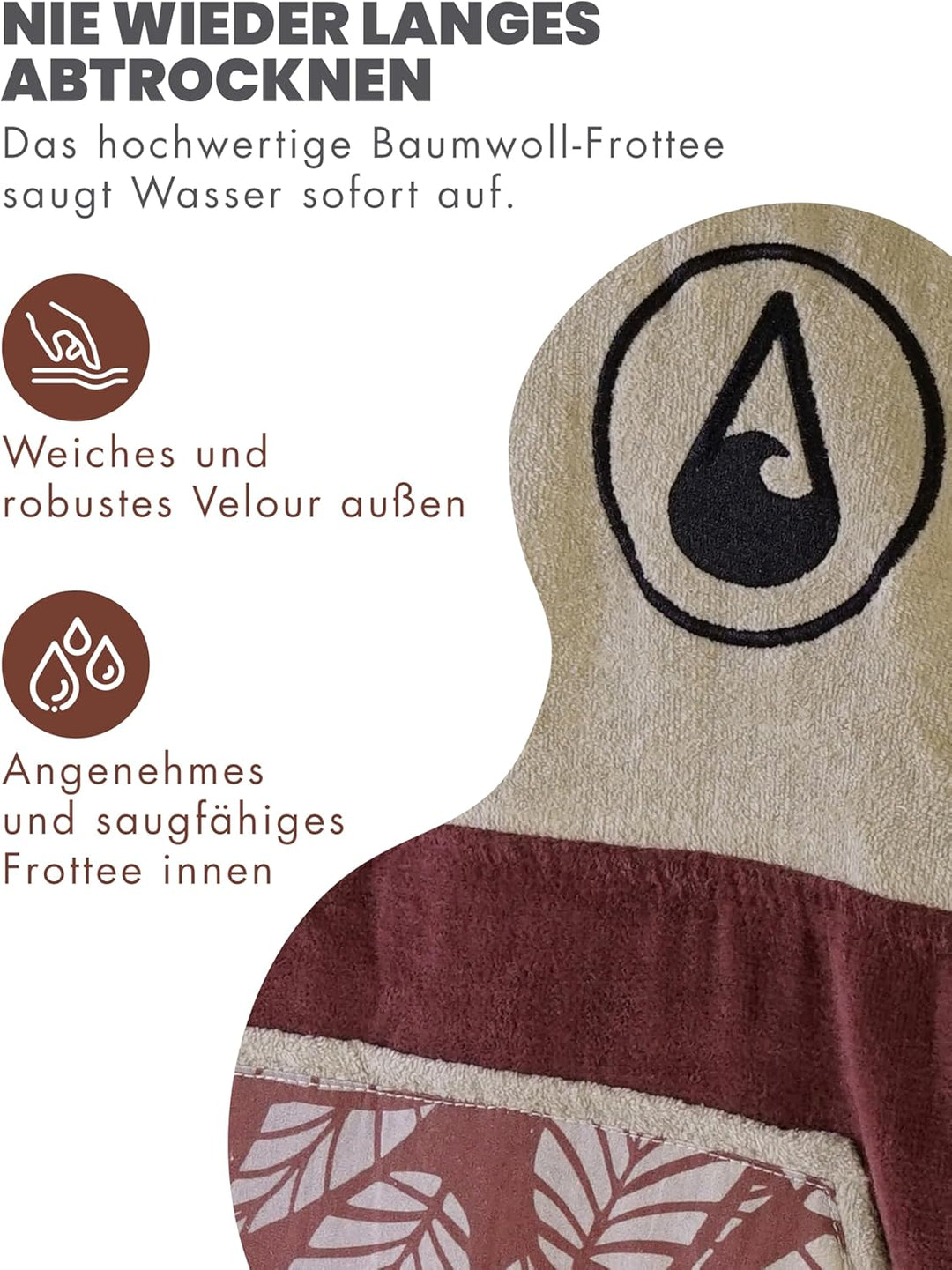 WAVE HAWAII Leevs Surfponcho für Körpergrössen von 170-200 cm Poncho 100% ÖKO Baumwolle Velours Umkl