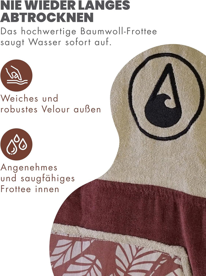 WAVE HAWAII Leevs Surfponcho für Körpergrössen von 170-200 cm Poncho 100% ÖKO Baumwolle Velours Umkl