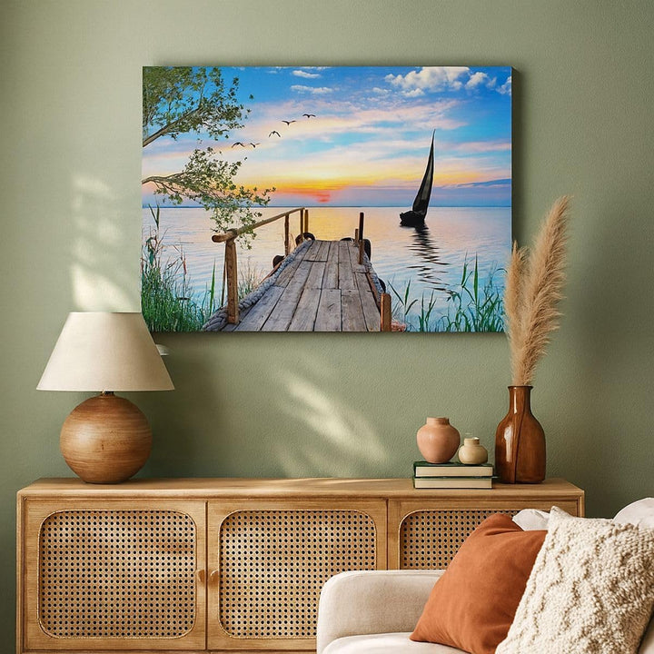 ARTTOR Bilder auf Leinwand 100x70cm Leinwandbild mit Rahmen Brücke See Gross Wanddeko Bild Schlafzim