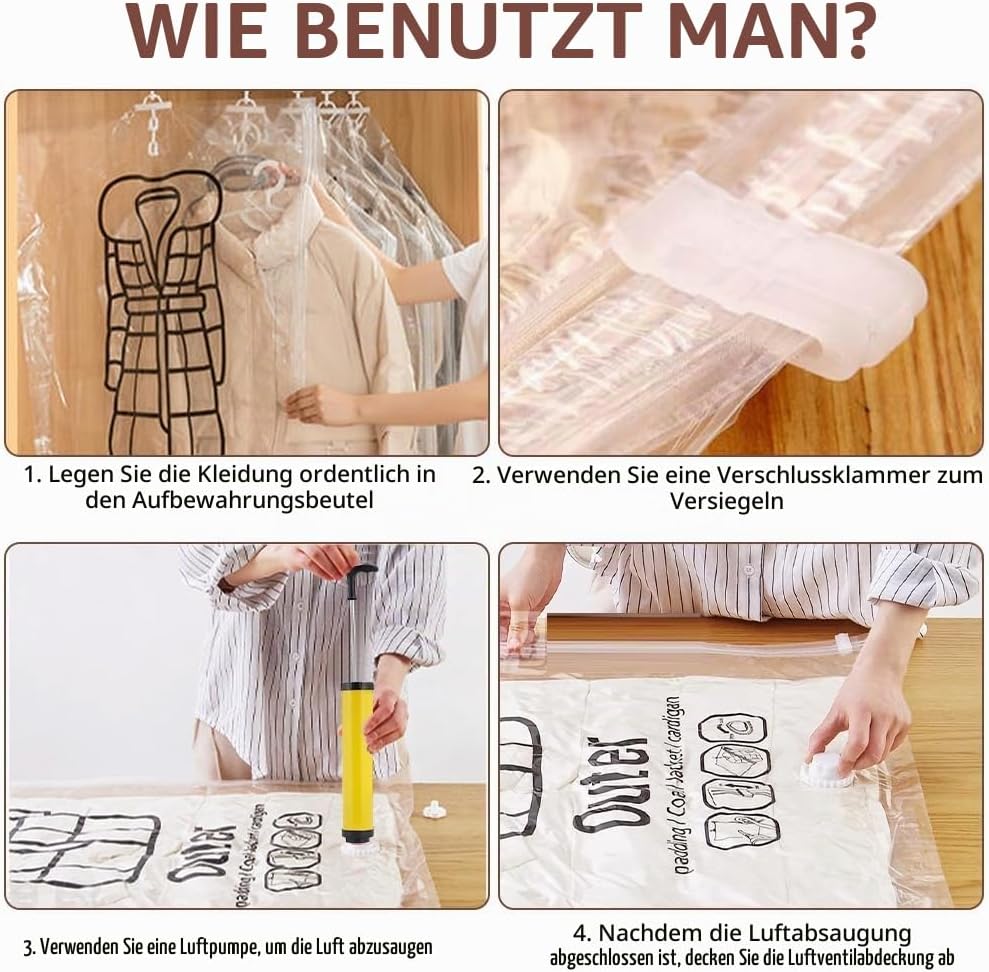 Vakuumbeutel zum Aufhängen, 5 Stück Hängend Vakuumbeutel mit Staubsauger Handpumpe Platzsparende Vak