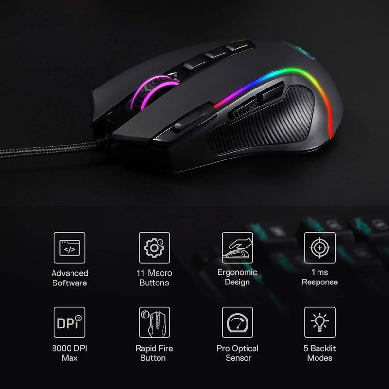 Redragon M612 Predator RGB Gaming Maus, 8000 DPI kabelgebundene optische Gamer-Maus mit 11 programmi