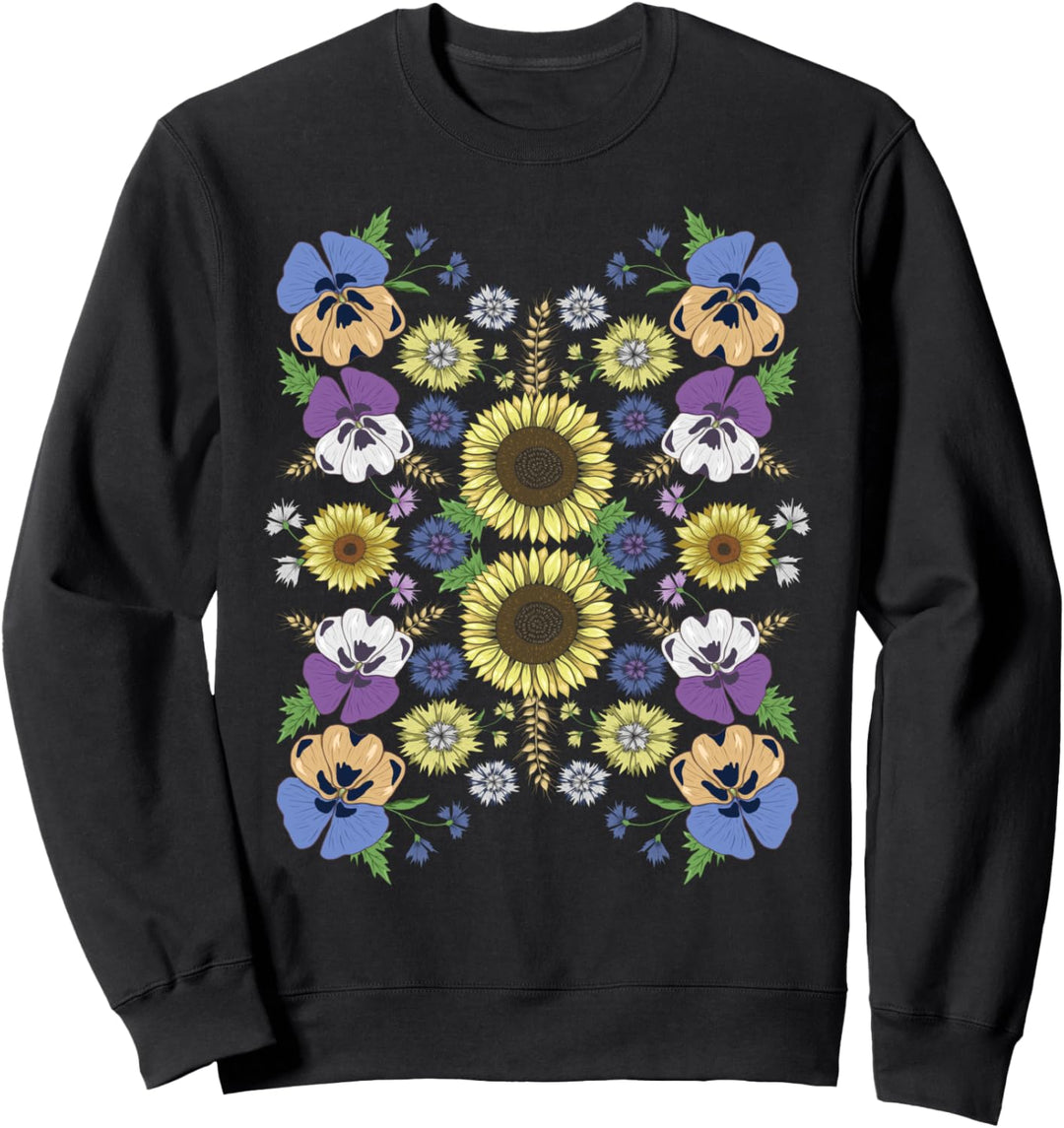 Stiefmütterchen Blumen Sonnenblumen Vintage Ukrainischer Vyshyvanka Stil Sweatshirt