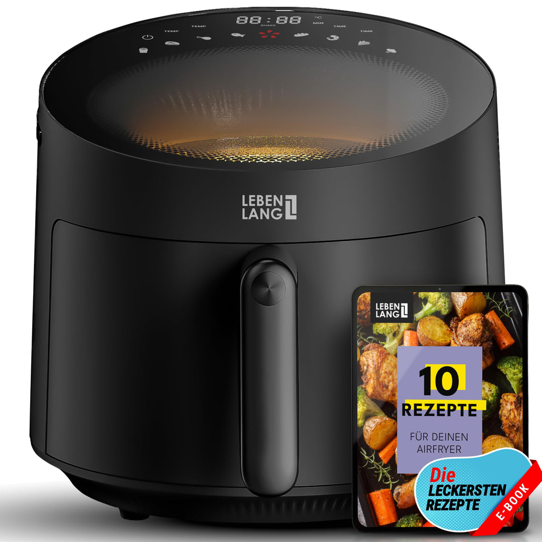 LEBENLANG Heissluftfritteuse 5L & 1500W - Inkl. Rezeptbuch & 8 Programme I Ölfreie & Fettfreie Frite