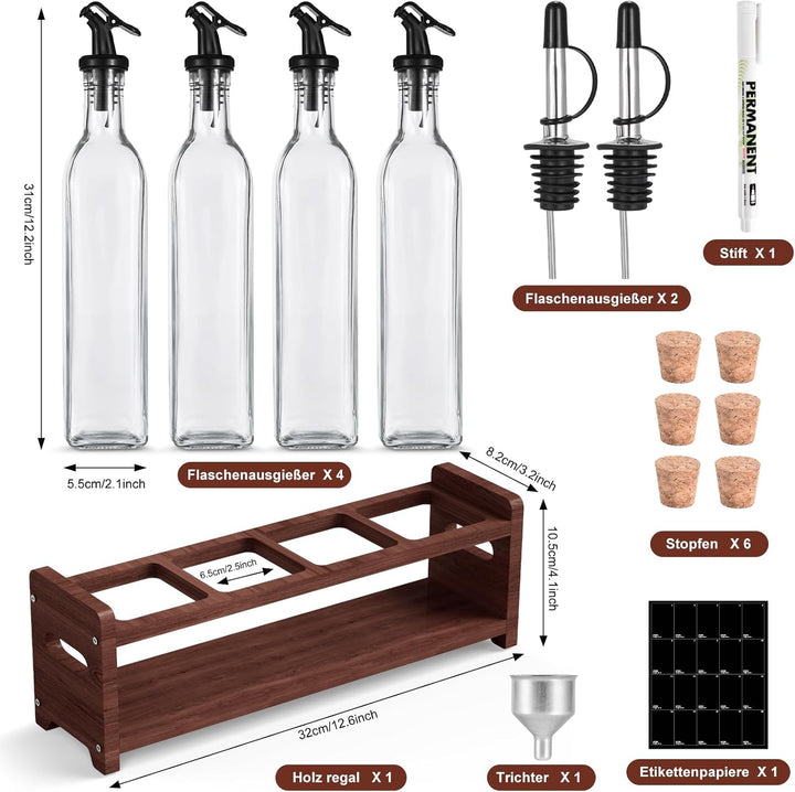 Ölflasche mit Dunkel Holzständern 500ml,4pcs Glasflaschen,Olivenöl spender mit Trichter,Essig und Öl