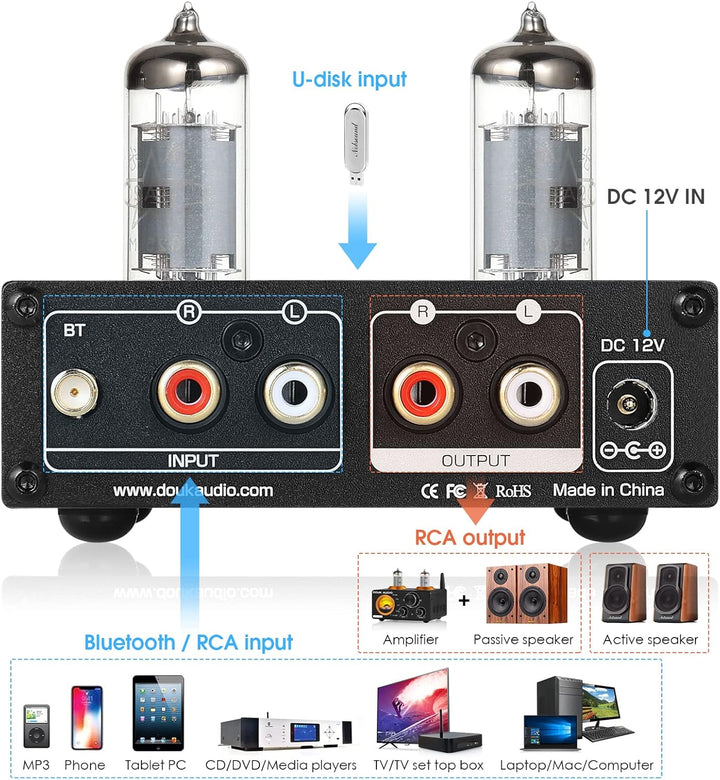 Douk Audio P6-mini HiFi Bluetooth Röhrenvorverstärker Mini Stereo Valve Vorverstärker Tube Preamp mi